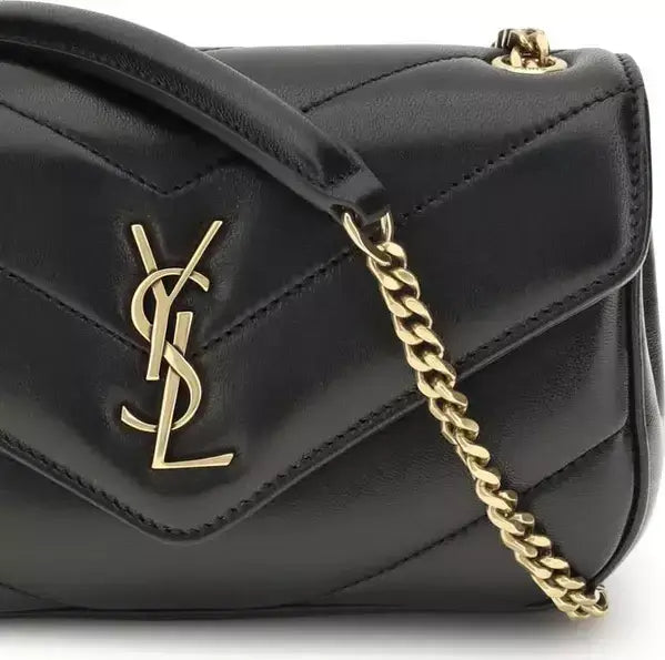 Black handbag with gold chain strap and logo on a white background