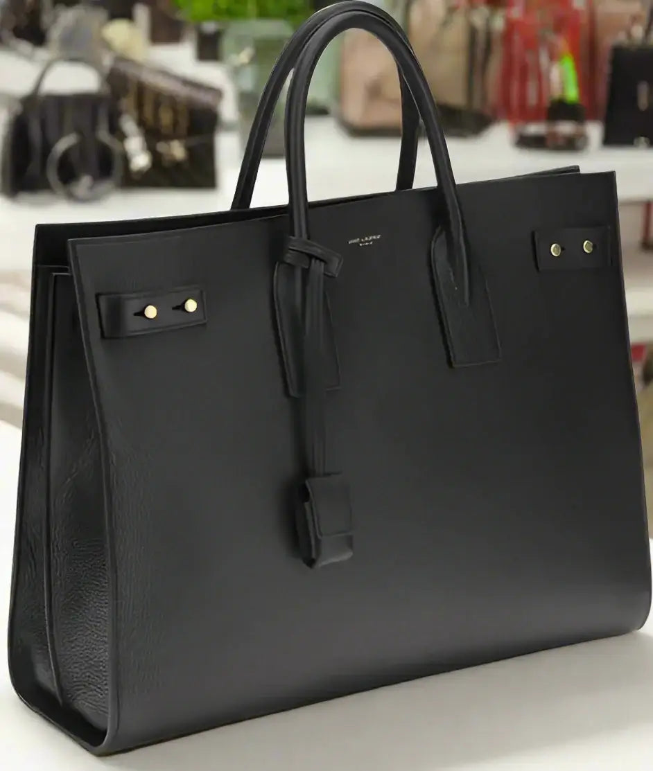 Black handbag with gold hardware on a white background