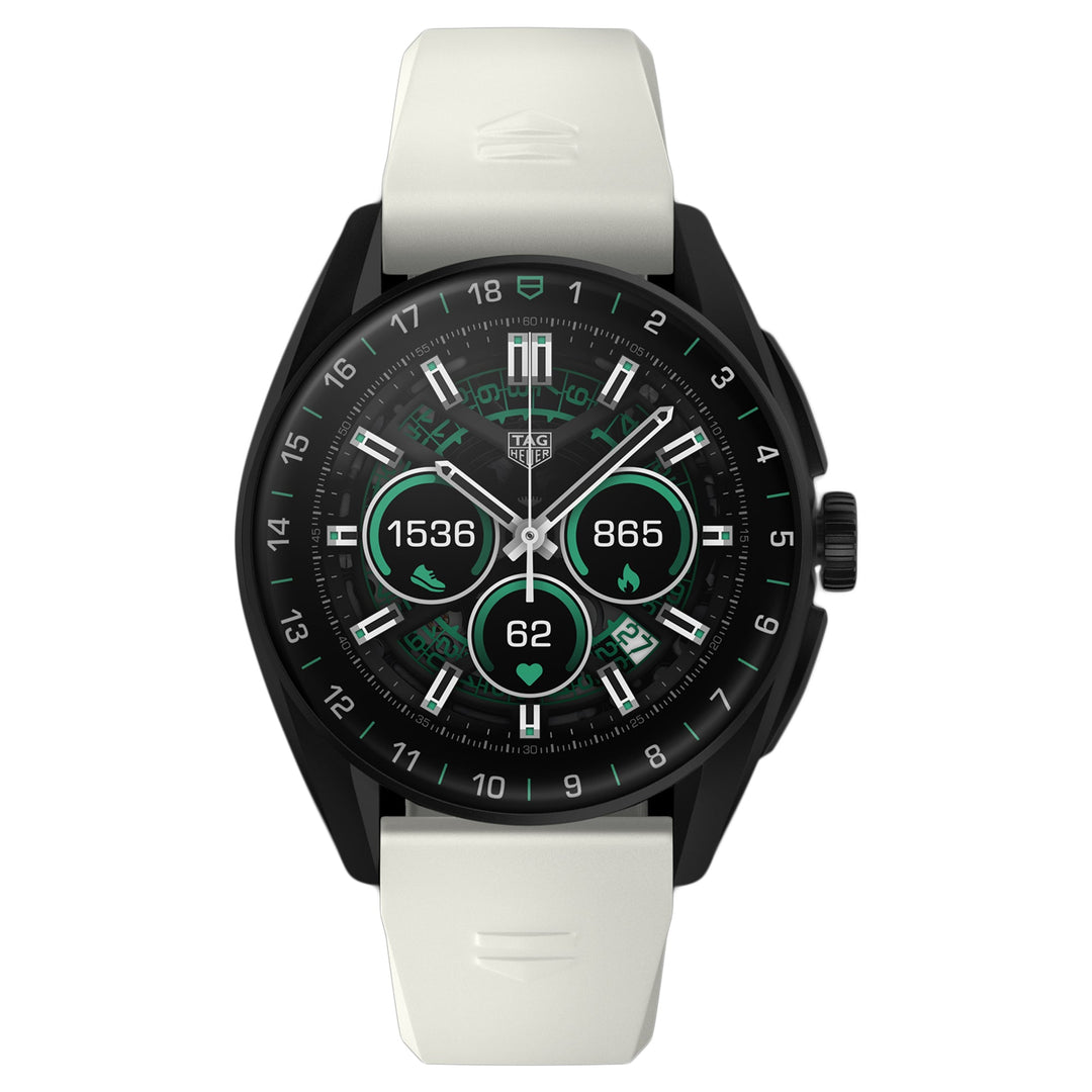 TAG Heuer Smartwatch with a white strap on a white background