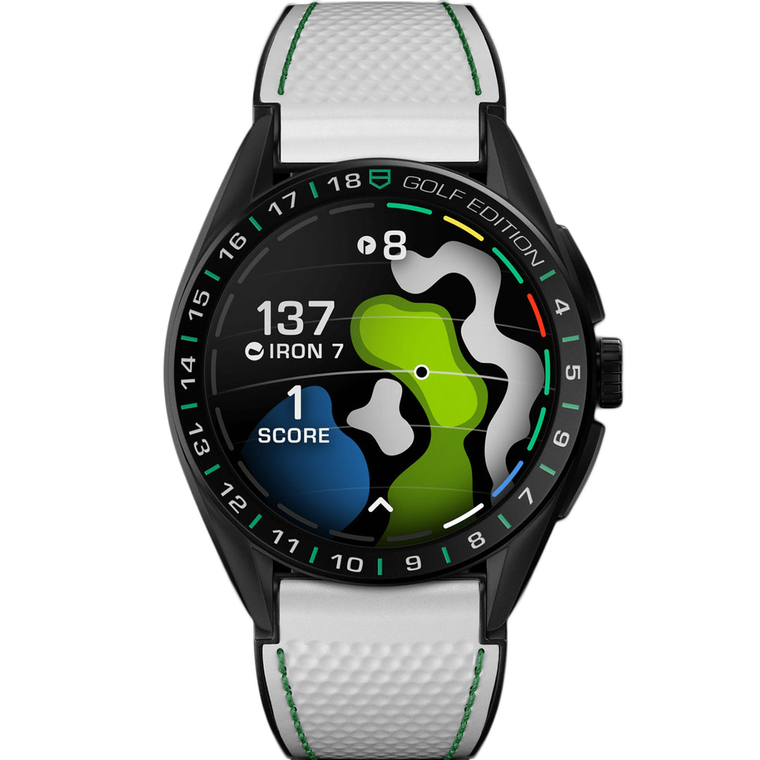 TAG Heuer Golf-themed smartwatch with a white strap on a white background