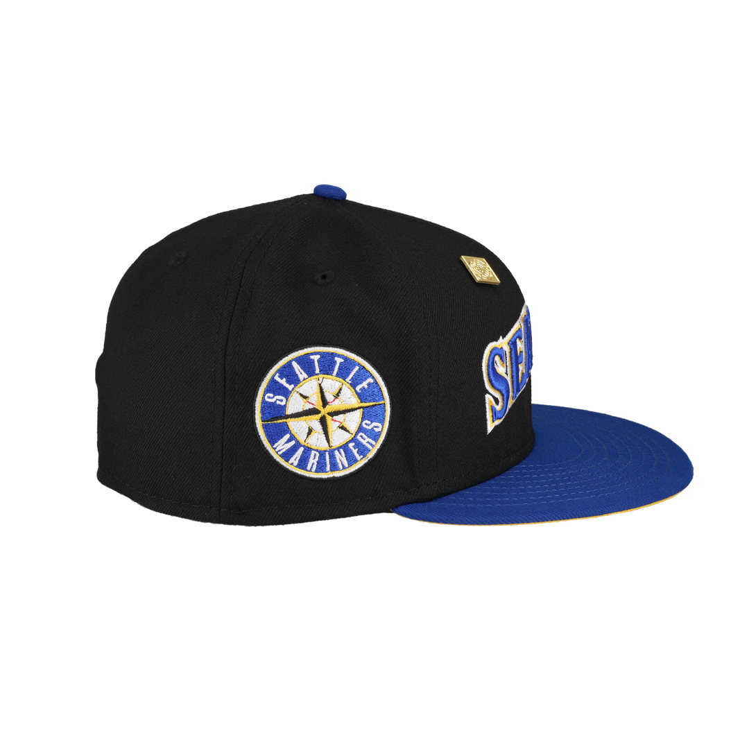 Seattle Mariners Script compass Logo Black New Era 59Fifty Fitted Hat