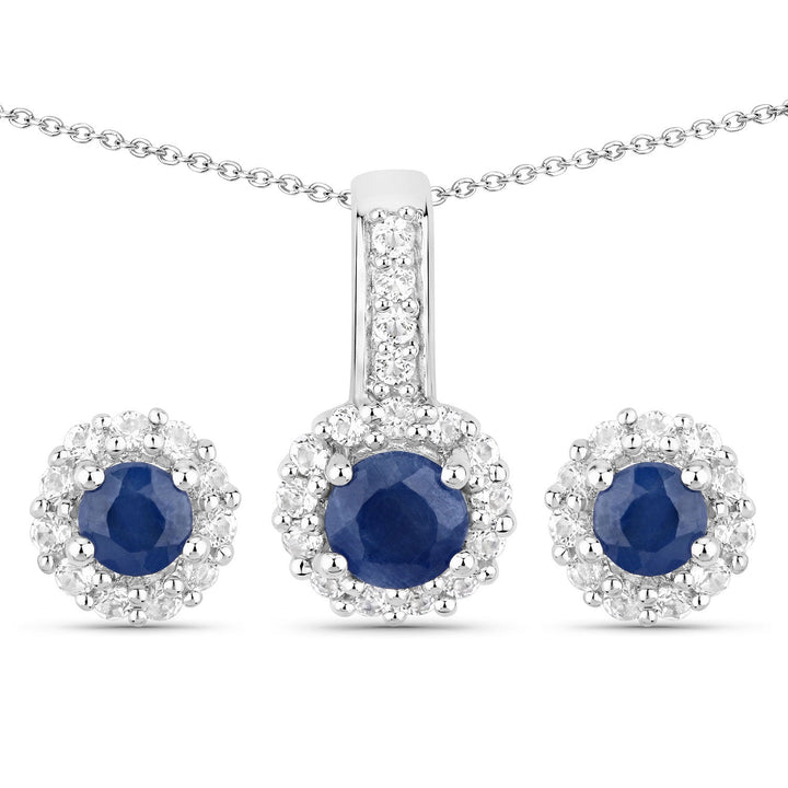 2.17 Carat Genuine Blue Sapphire and White Topaz .925 Sterling Silver Jewelry Set