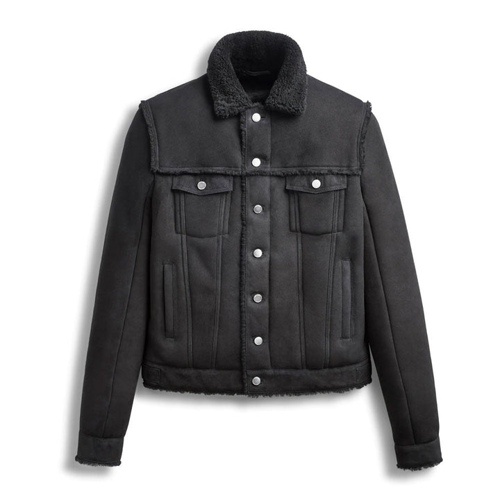 Men’s Black Suede Shearling Leather Bomber Jacket