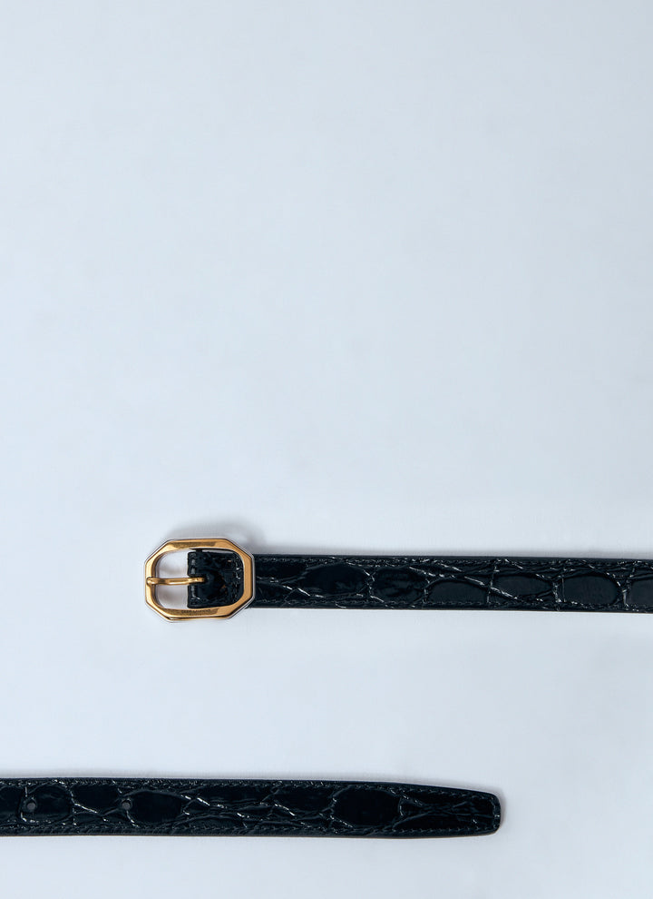 Saint Laurent Women Crocodile-Embossed Frame Thin Belt