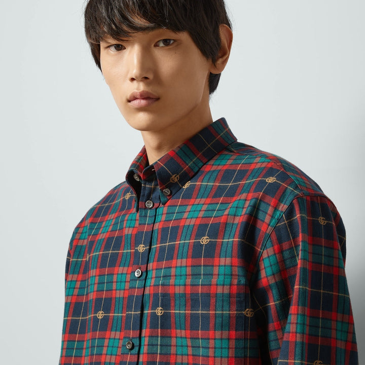 Gucci Men Red/Blue Checked Button-Down Shirt In Cotton