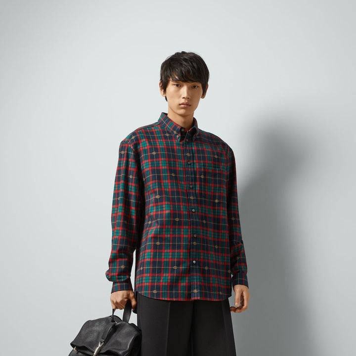 Gucci Men Red/Blue Checked Button-Down Shirt In Cotton