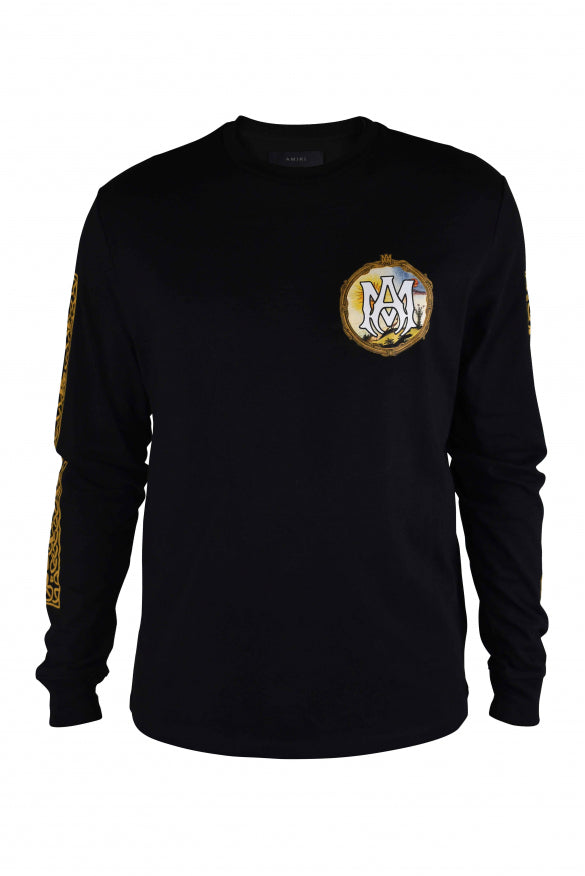 Black long-sleeve shirt with gold logo on a white background