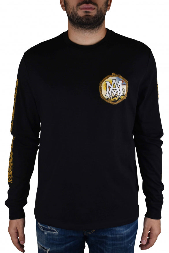 Black long-sleeve shirt with a gold emblem on a white background