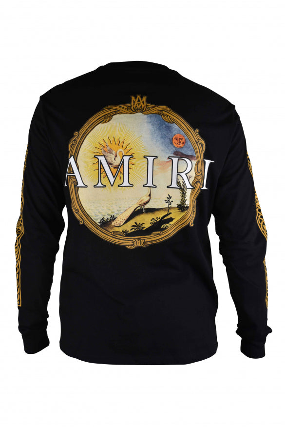 Black long-sleeve shirt with 'AMIRI' logo on a white background