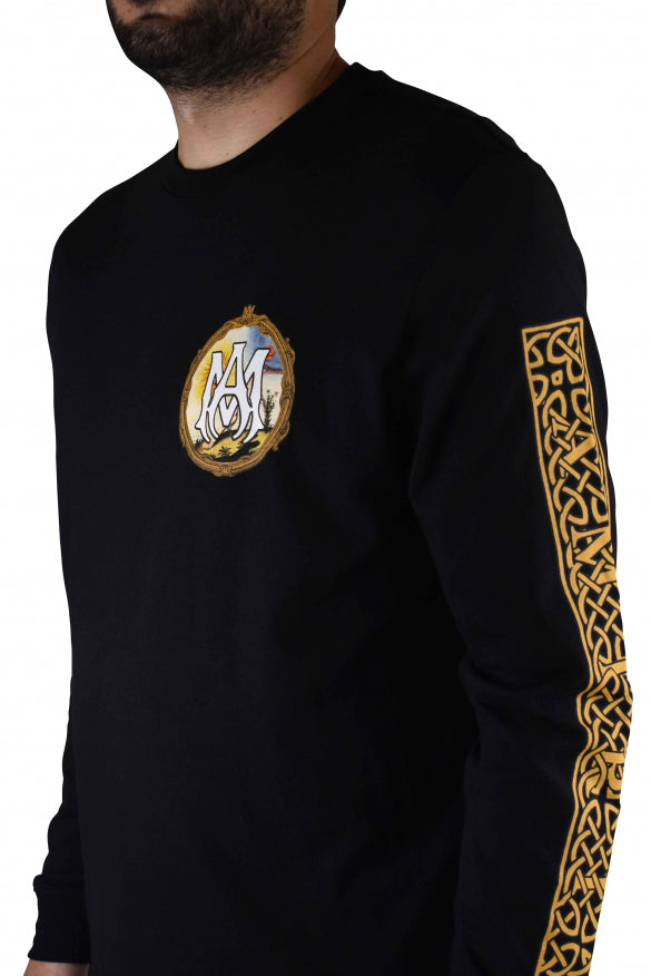 Black long-sleeve shirt with gold emblem and sleeve design on a white background