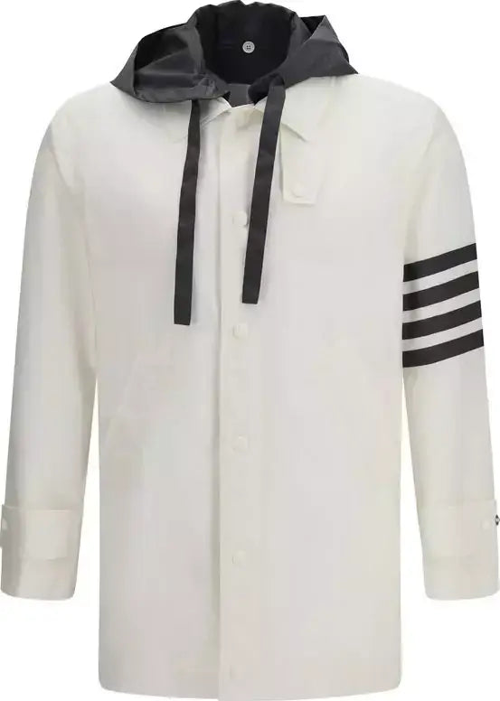 White jacket with black hood and three black stripes on sleeve against a white background