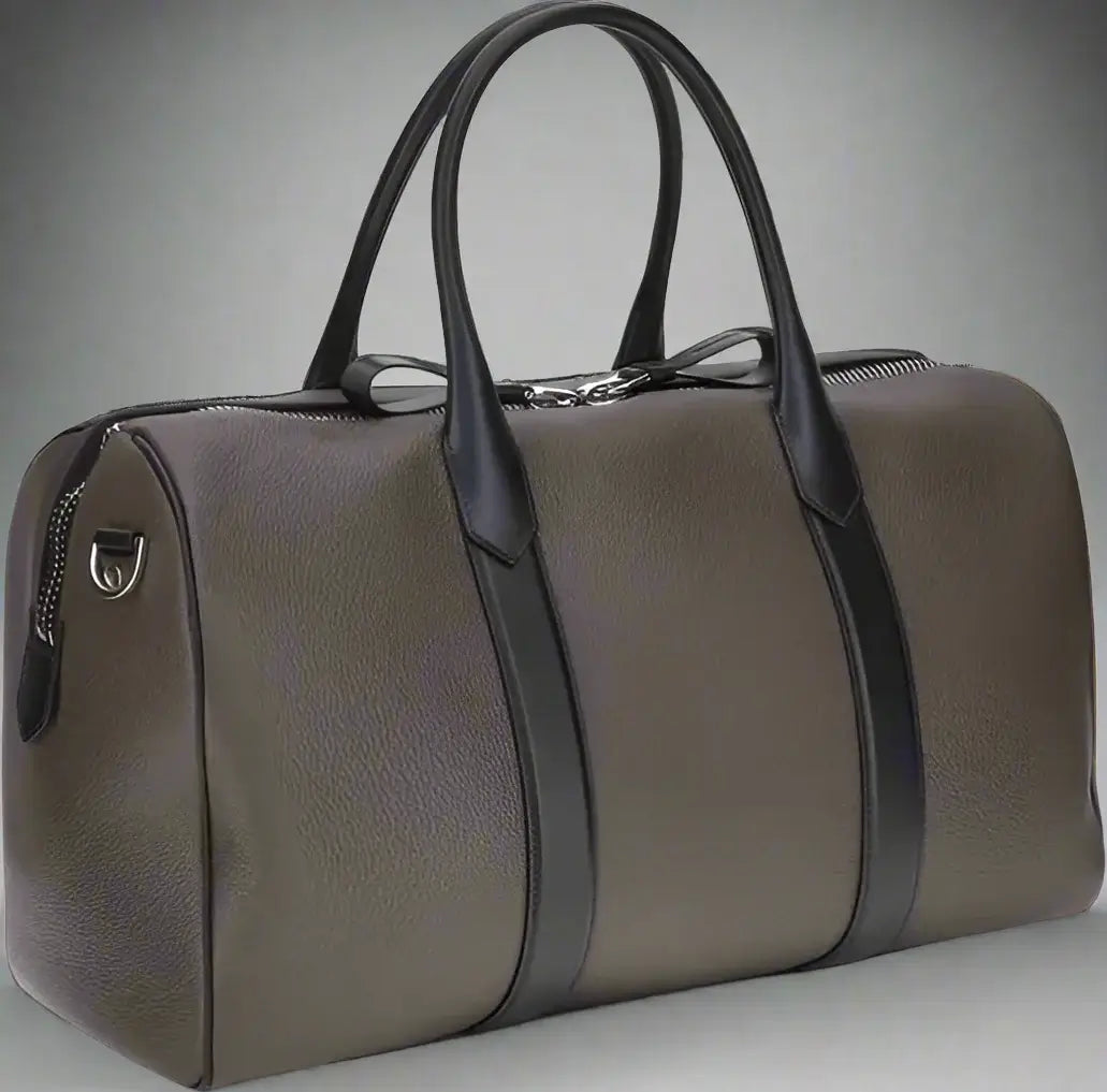Brown duffel bag with black straps on a white background