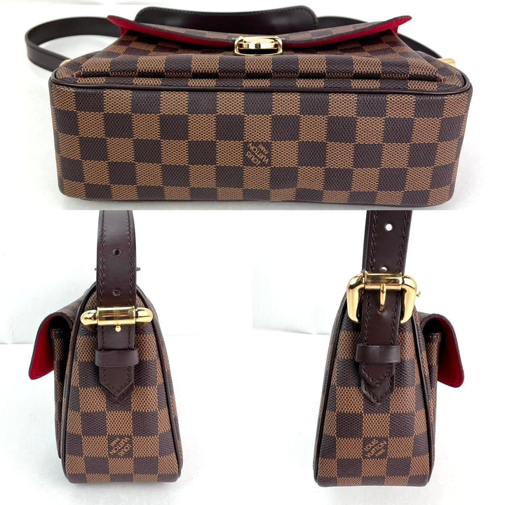 Brown checkered handbag with gold accents on a white background