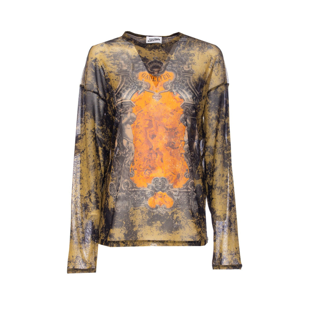 Long-sleeve shirt with a unique pattern on a white background