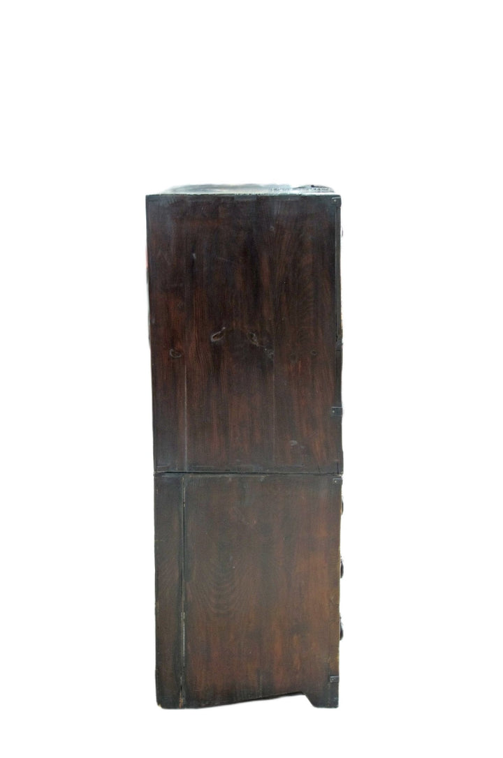 Two Part Dark Brown Antique Korean Cabinet Chest