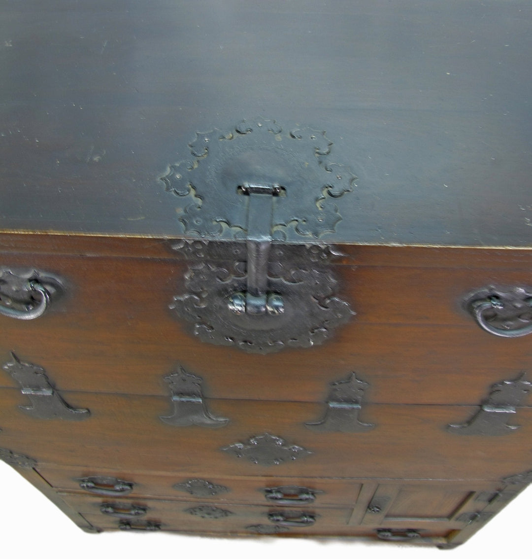 Two Part Dark Brown Antique Korean Cabinet Chest