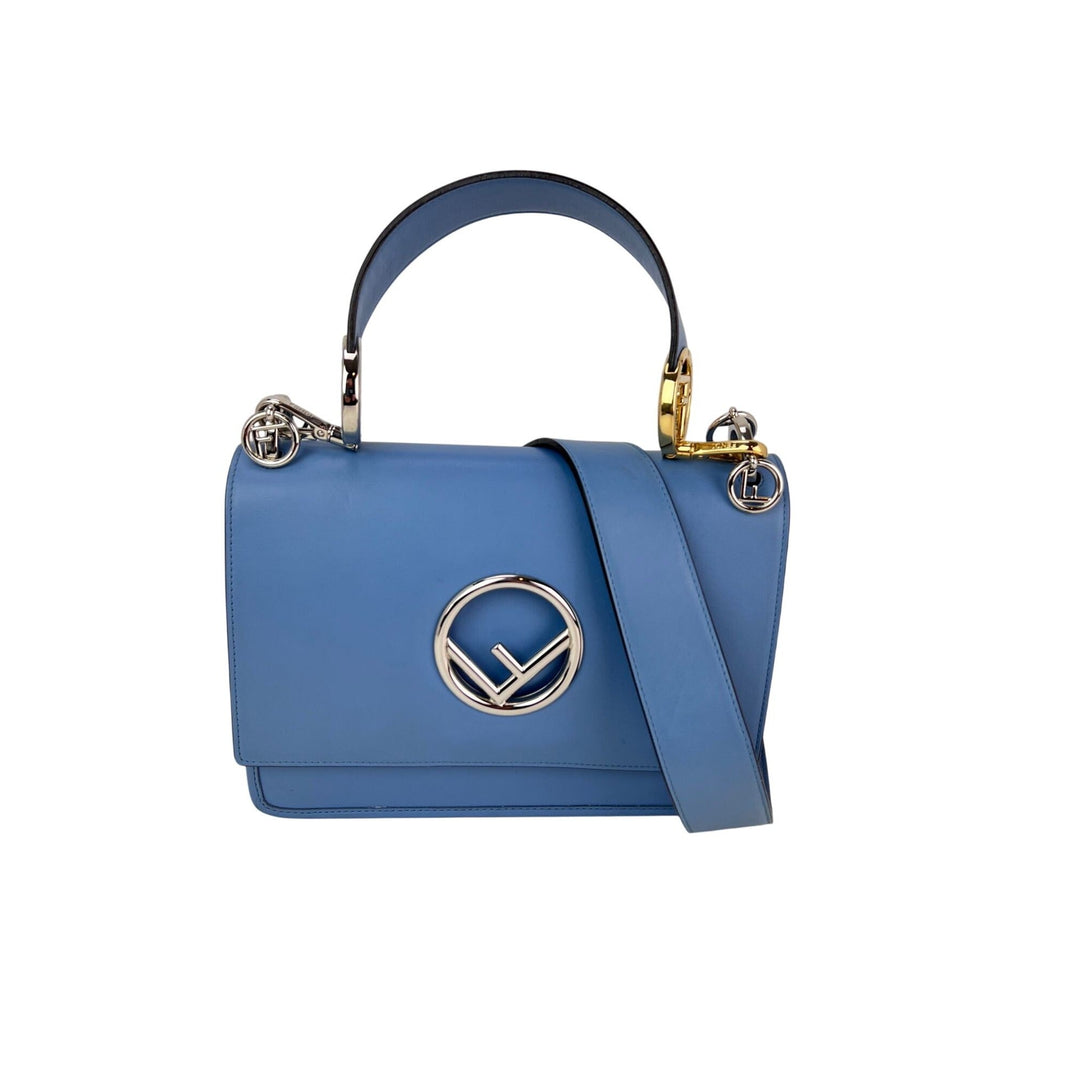 Fendi F Kan 1 Medium Blue Leather Shoulder Hand Bag, luxury bags with silver hardware and blue leather.