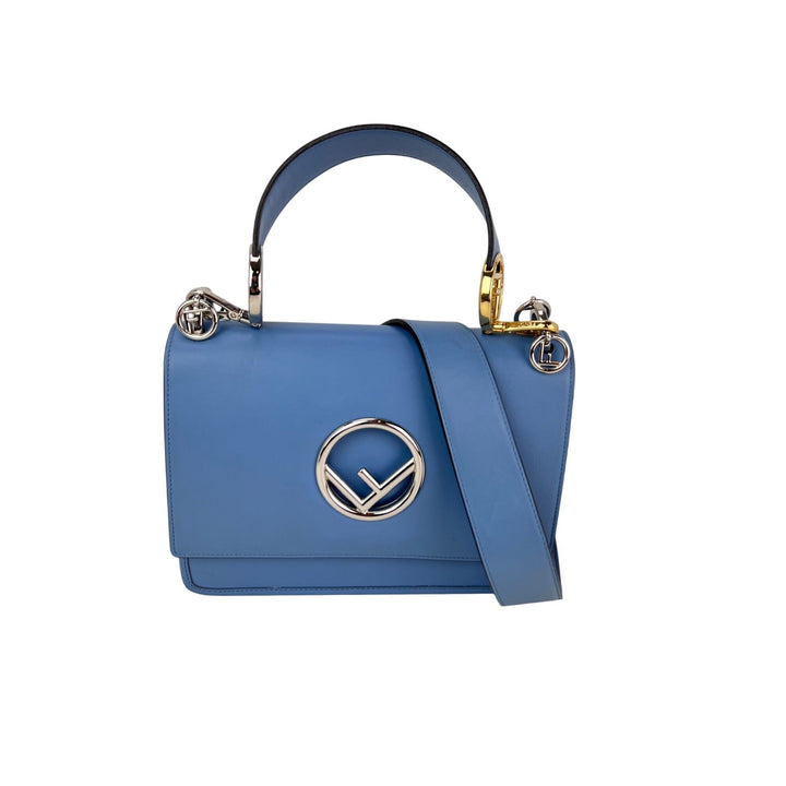 Fendi F Kan 1 Medium Blue Leather Shoulder Hand Bag, luxury bags with silver hardware and blue leather.