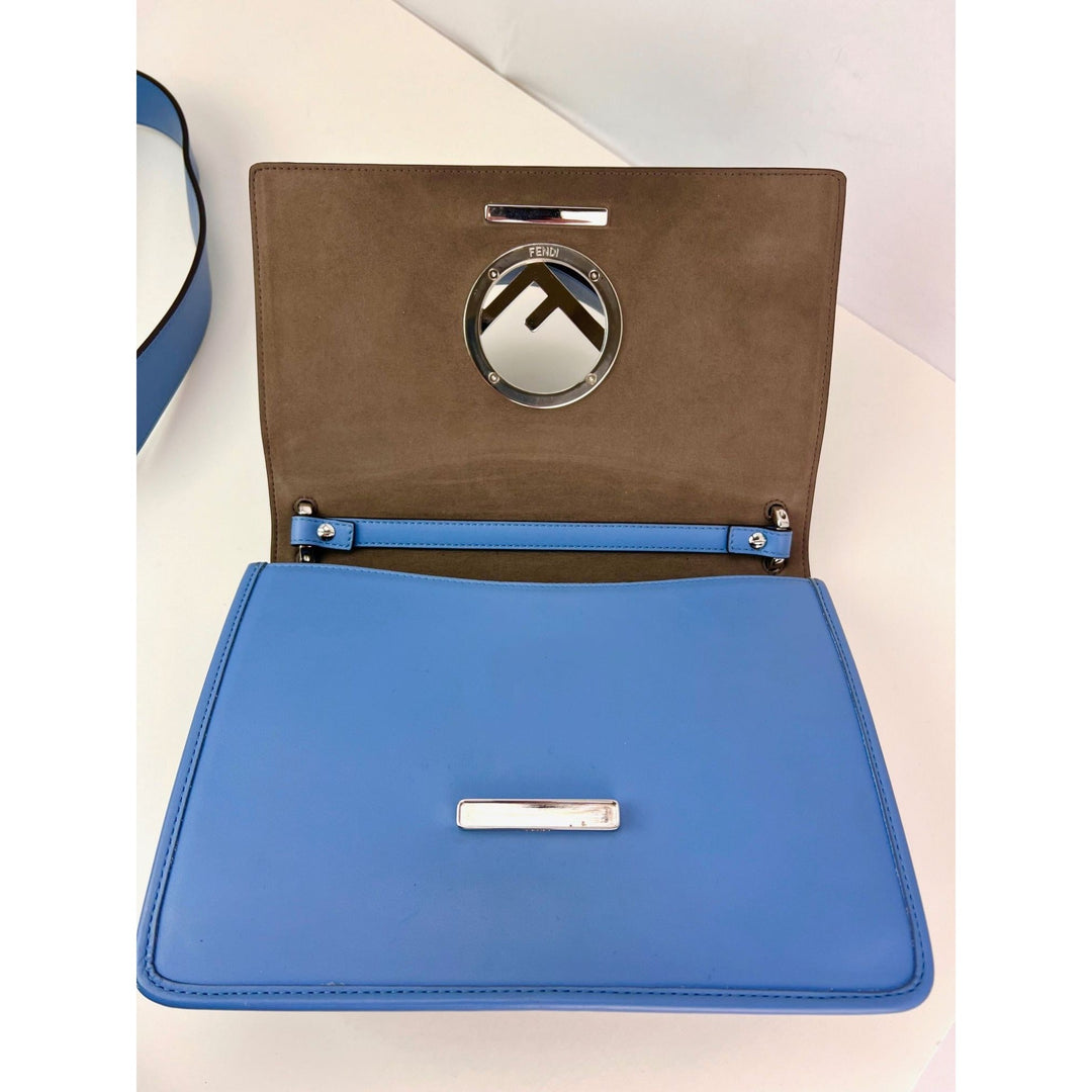 Inside view of Fendi F Kan 1 Medium Blue Leather Shoulder Hand Bag, showcasing blue leather and hardware.