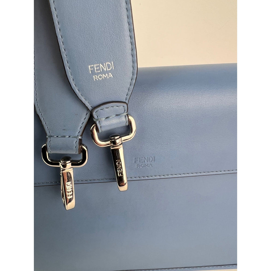 Fendi F Kan 1 Medium Blue Leather Shoulder Hand Bag strap detail with silver hardware, luxury bags, authentic Fendi.