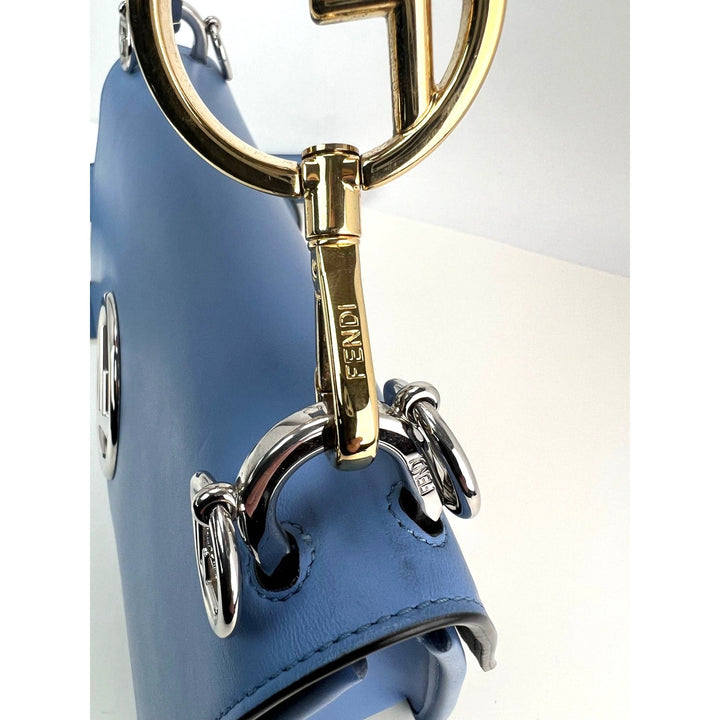 Fendi F Kan 1 Medium Blue Leather Shoulder Hand Bag detailed view of strap and hardware, luxury bags.