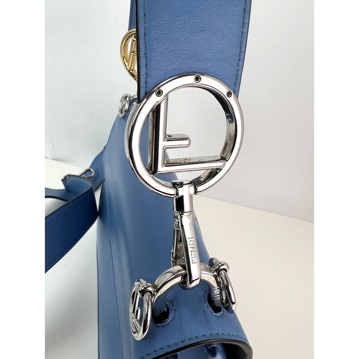 Fendi F Kan 1 Medium Blue Leather Shoulder Hand Bag close-up of strap detail with silver hardware and logo.