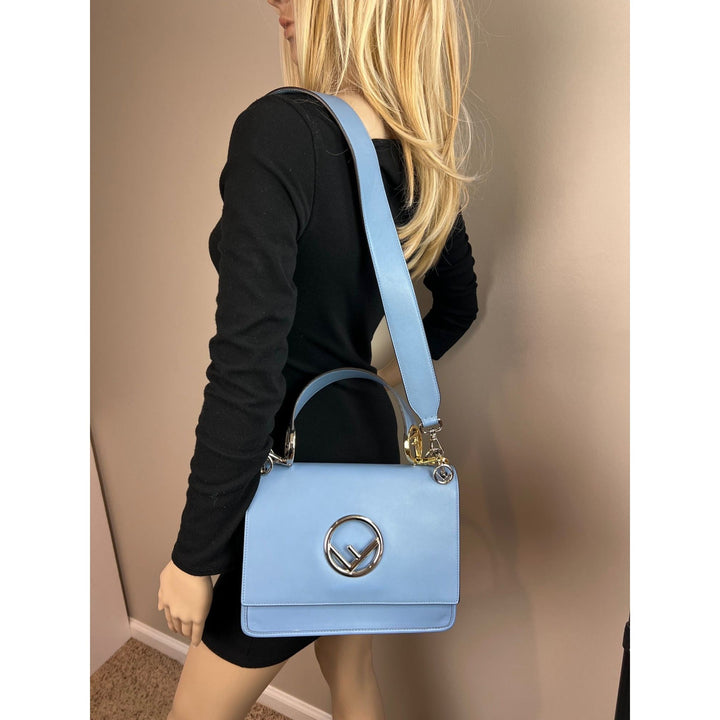 Fendi F Kan 1 Medium Blue Leather Shoulder Hand Bag worn with stylish outfit, showcasing luxury bags elegance.