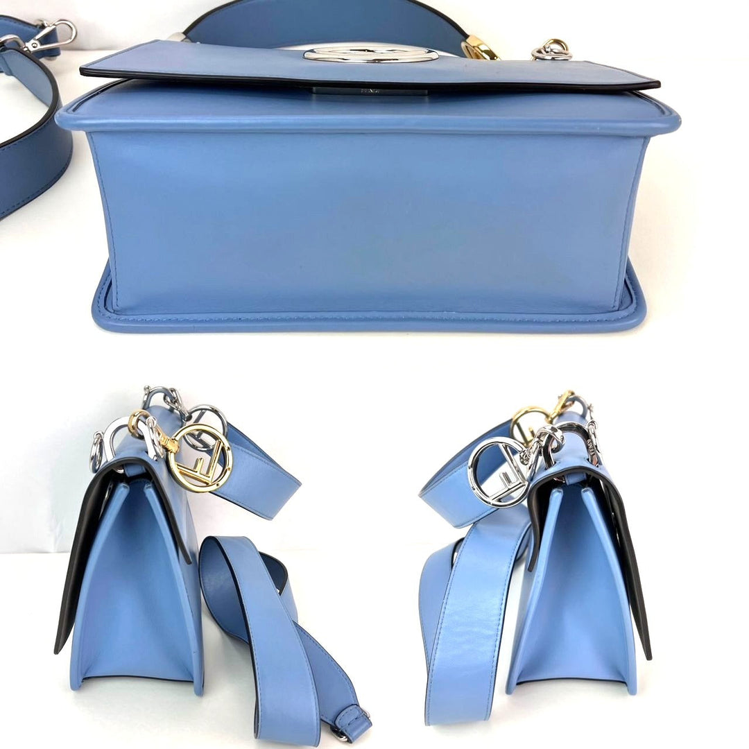 Fendi F Kan 1 Medium Blue Leather Shoulder Hand Bag side view and top view showing design and straps.