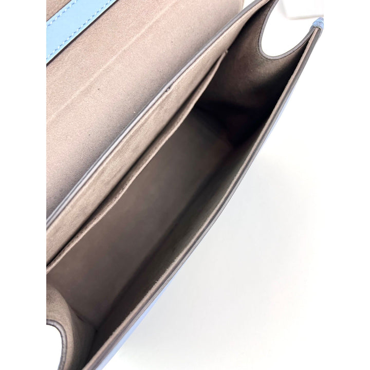 Interior view of the Fendi F Kan 1 Medium Blue Leather Shoulder Hand Bag showcasing compartments and soft lining.
