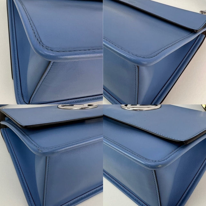 Fendi F Kan 1 Medium Blue Leather Shoulder Hand Bag, luxury bags, showing close-up details of the calfskin leather.