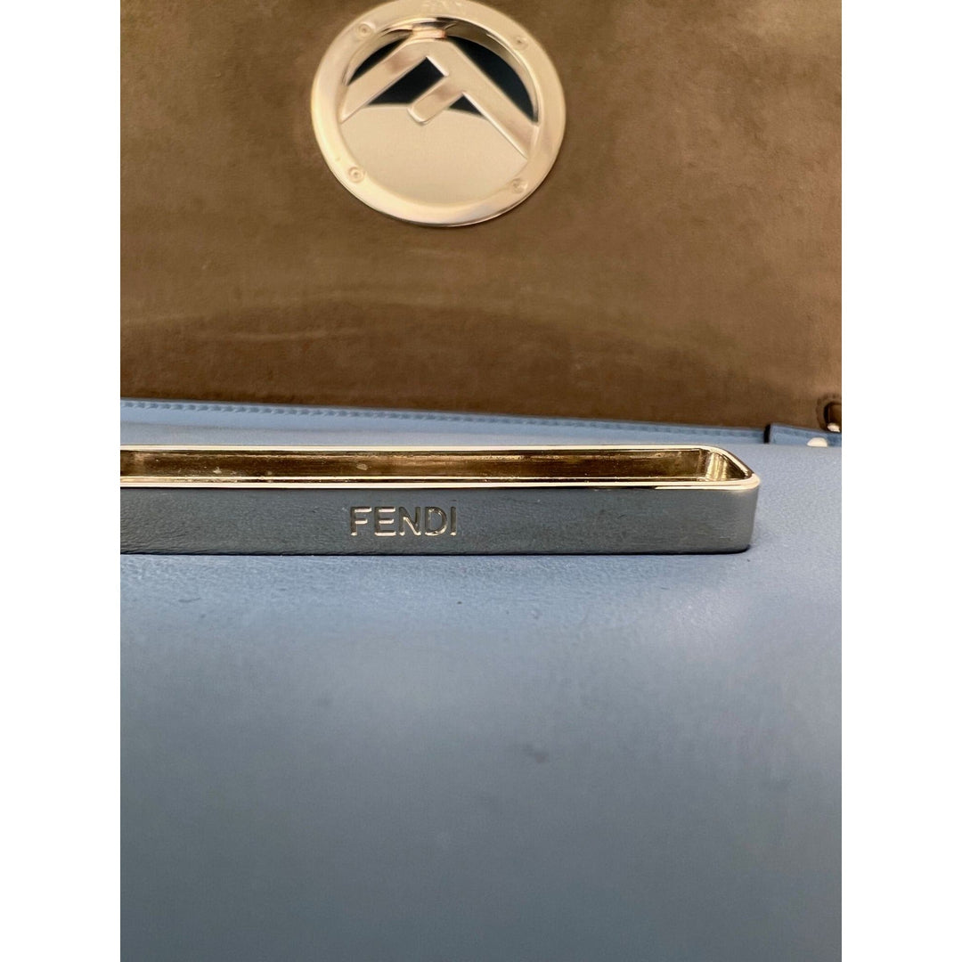 Fendi F Kan 1 Medium Blue Leather Shoulder Hand Bag interior with Fendi logo and silver hardware detail.
