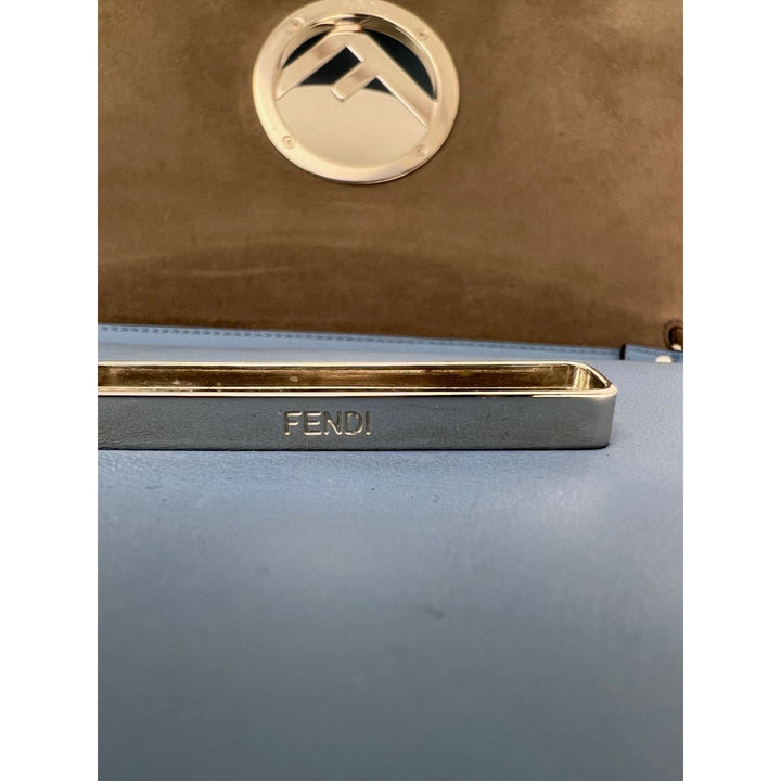 Fendi F Kan 1 Medium Blue Leather Shoulder Hand Bag interior with Fendi logo and silver hardware detail.