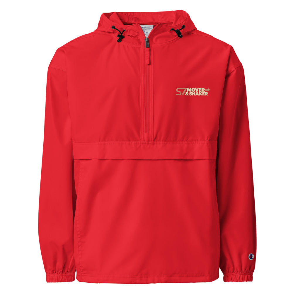 S7 Mover & Shaker Embroidered Champion Packable Jacket in red, featuring half-zip and bold embroidery design.