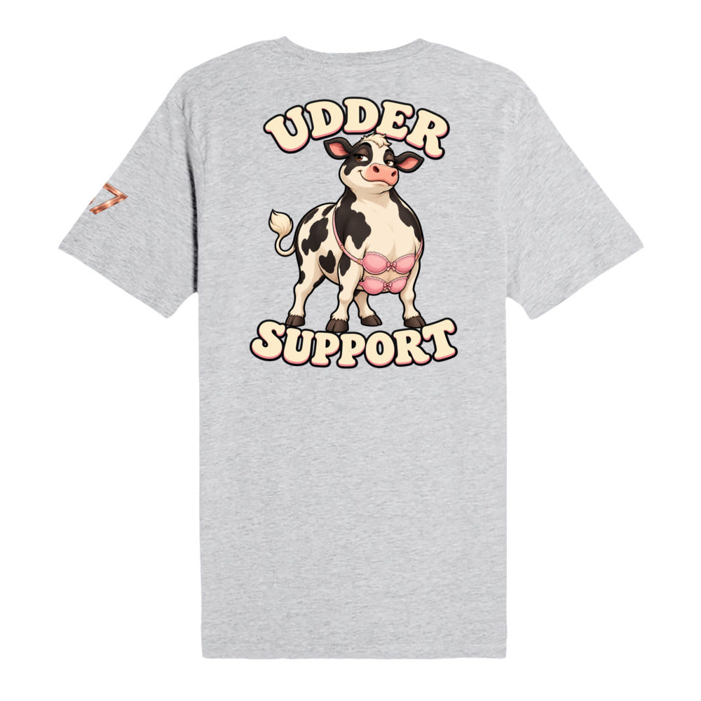 S7 Udder Support T-shirt featuring a smiling cartoon cow wearing two pink bras beneath bold cream-and-pink Udder Support lettering.