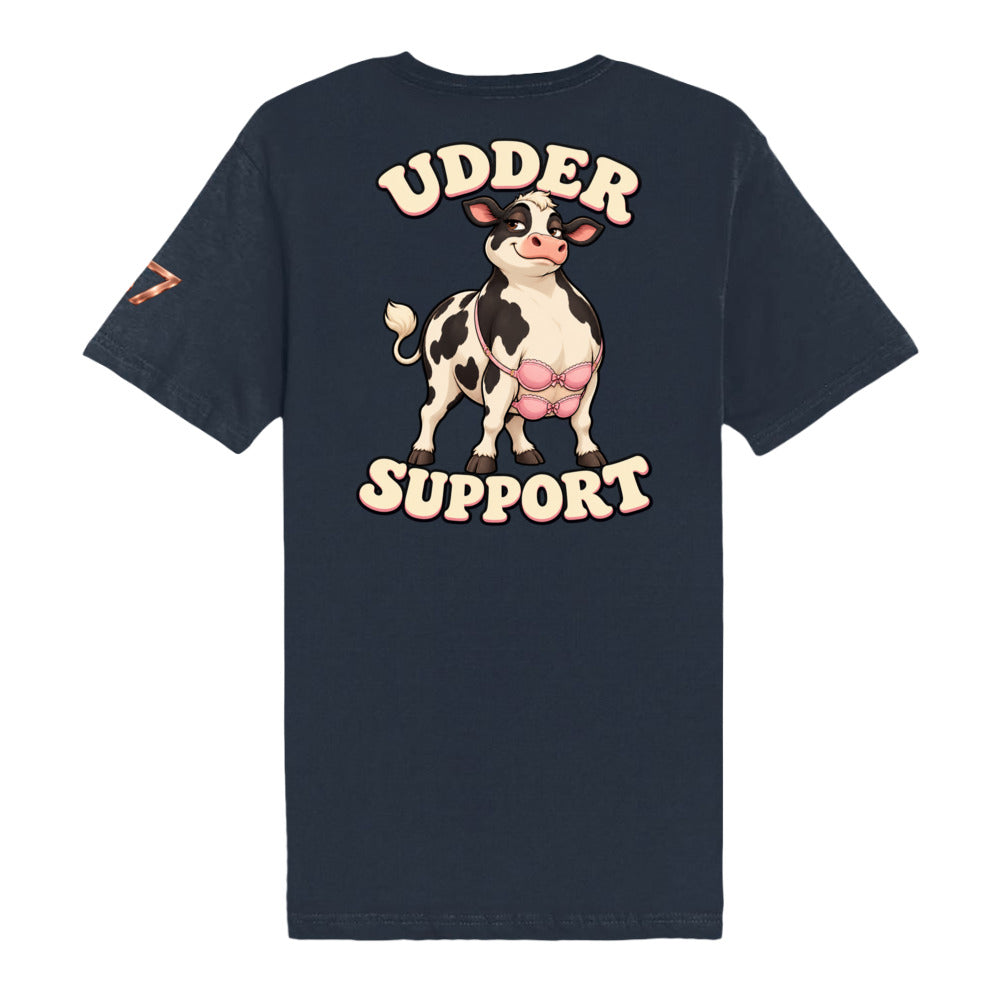 S7 Udder Support T-shirt featuring a smiling cartoon cow wearing two pink bras beneath bold cream-and-pink Udder Support lettering.