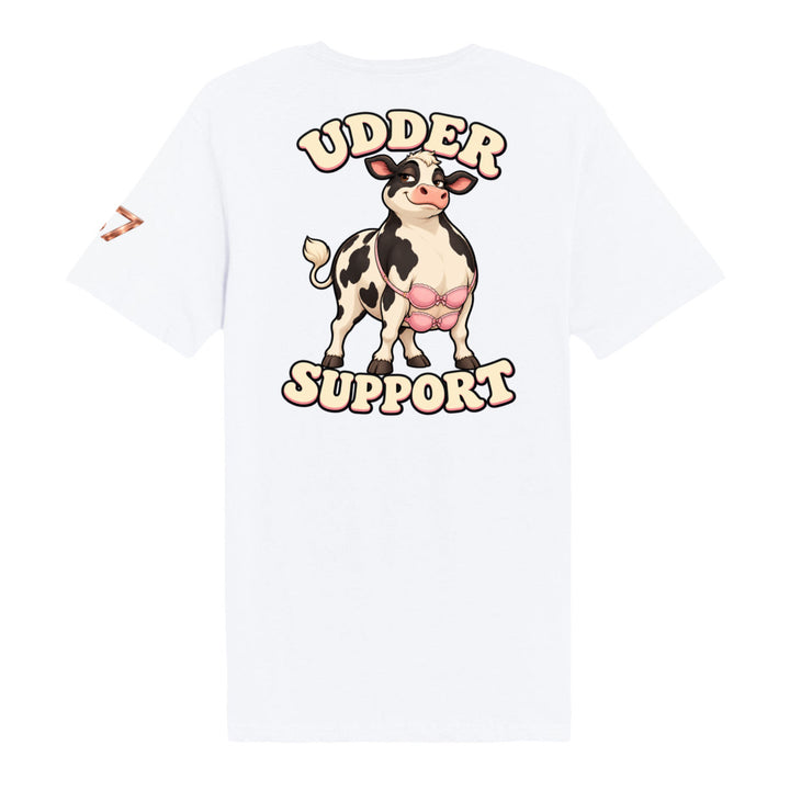 S7 Udder Support T-shirt featuring a smiling cartoon cow wearing two pink bras beneath bold cream-and-pink Udder Support lettering.