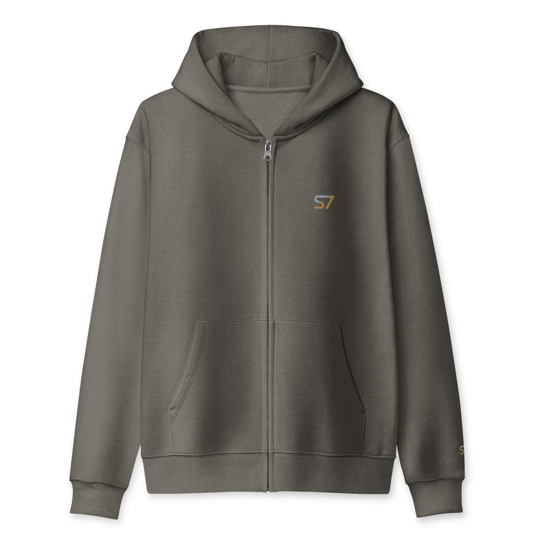 S7 heavyweight hoodie with an embroidered logo on the left chest, a smaller S7 mark at the left wrist, and a plain back.