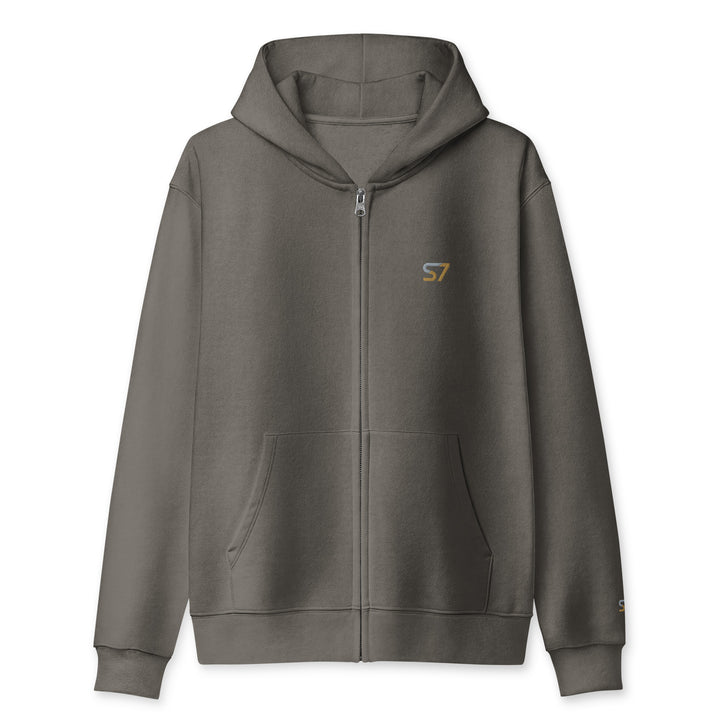S7 heavyweight hoodie with an embroidered logo on the left chest, a smaller S7 mark at the left wrist, and a plain back.