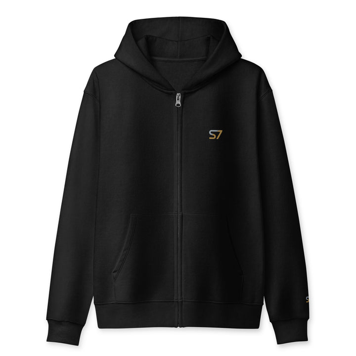 S7 heavyweight hoodie with an embroidered logo on the left chest, a smaller S7 mark at the left wrist, and a plain back.
