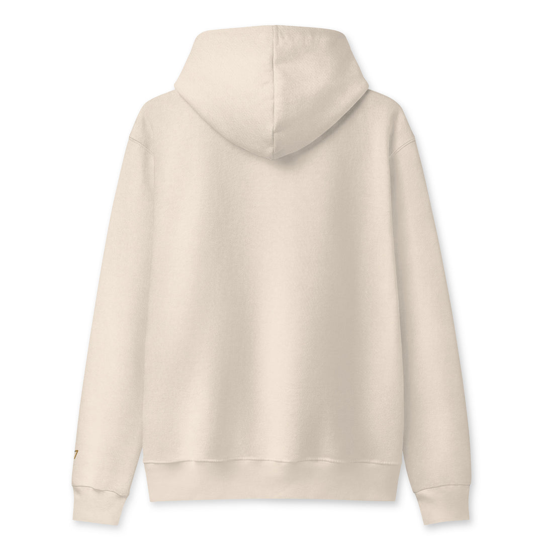 S7 heavyweight hoodie with an embroidered logo on the left chest, a smaller S7 mark at the left wrist, and a plain back.