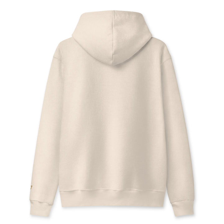 S7 heavyweight hoodie with an embroidered logo on the left chest, a smaller S7 mark at the left wrist, and a plain back.
