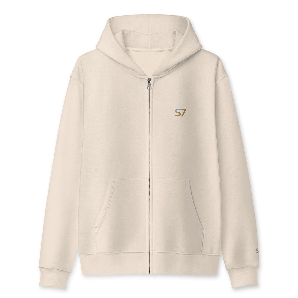 S7 heavyweight hoodie with an embroidered logo on the left chest, a smaller S7 mark at the left wrist, and a plain back.