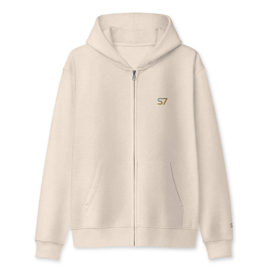 S7 heavyweight hoodie with an embroidered logo on the left chest, a smaller S7 mark at the left wrist, and a plain back.