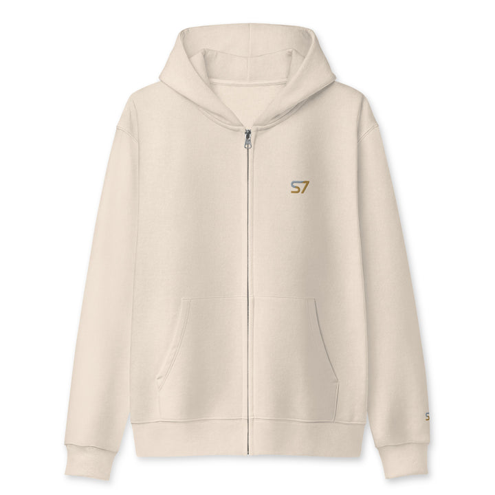 S7 heavyweight hoodie with an embroidered logo on the left chest, a smaller S7 mark at the left wrist, and a plain back.