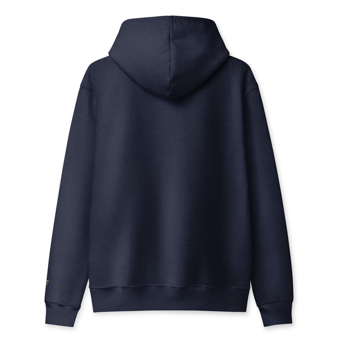 S7 heavyweight hoodie with an embroidered logo on the left chest, a smaller S7 mark at the left wrist, and a plain back.