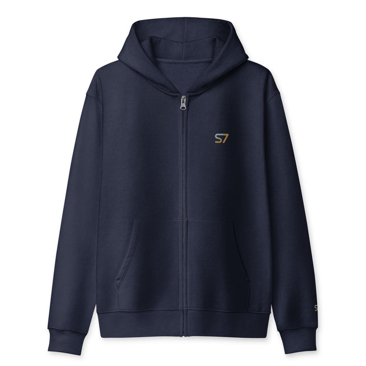 S7 heavyweight hoodie with an embroidered logo on the left chest, a smaller S7 mark at the left wrist, and a plain back.