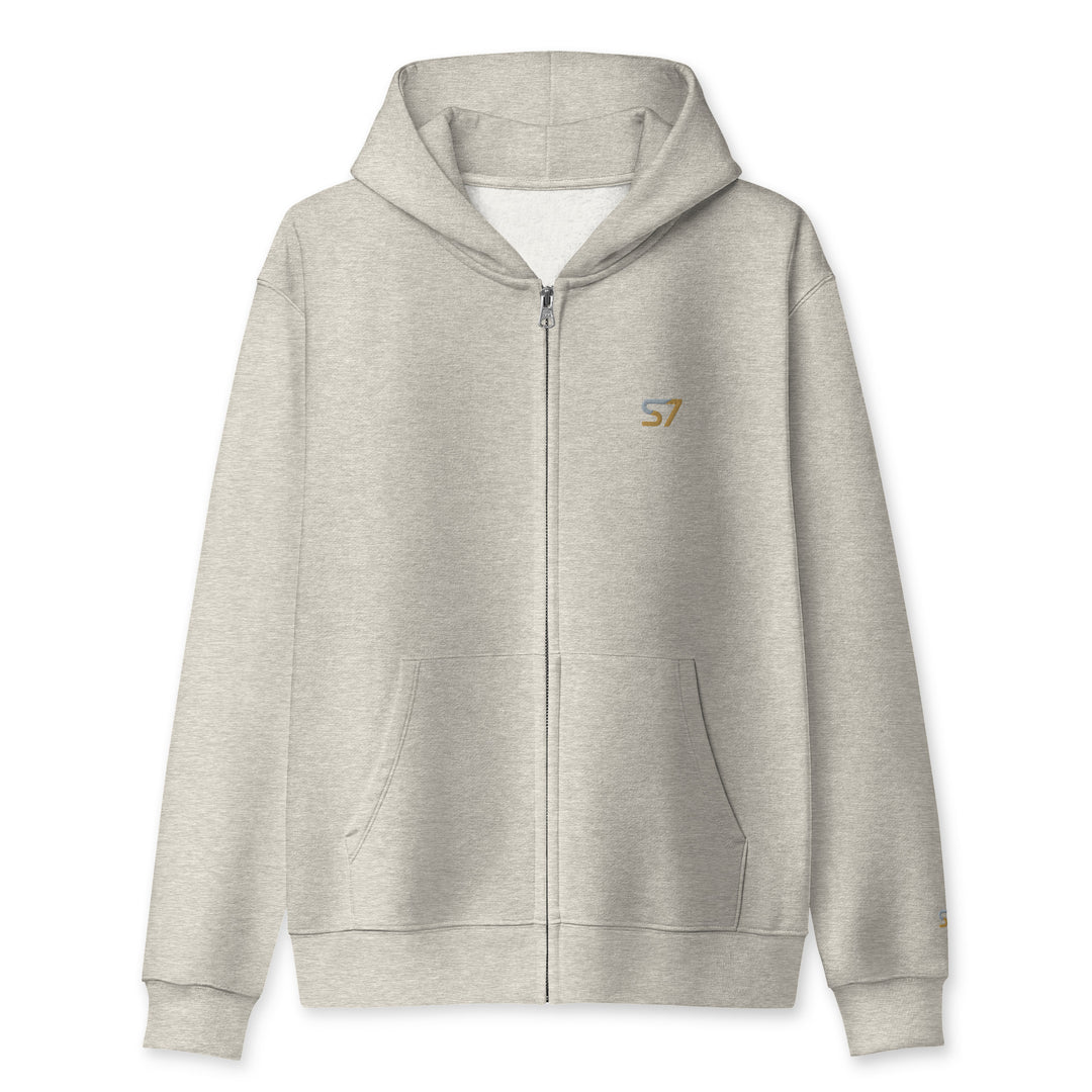 S7 heavyweight hoodie with an embroidered logo on the left chest, a smaller S7 mark at the left wrist, and a plain back.
