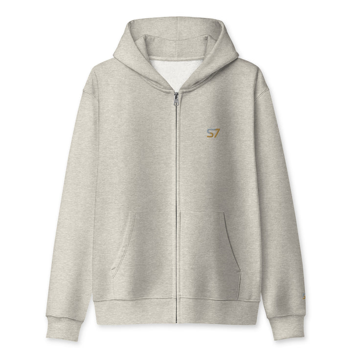 S7 heavyweight hoodie with an embroidered logo on the left chest, a smaller S7 mark at the left wrist, and a plain back.