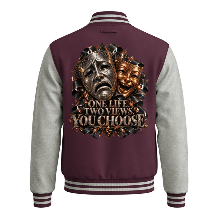 S7 “One Life, Two Views” Statement Varsity Jacket featuring dramatic masks and bold text design on back.