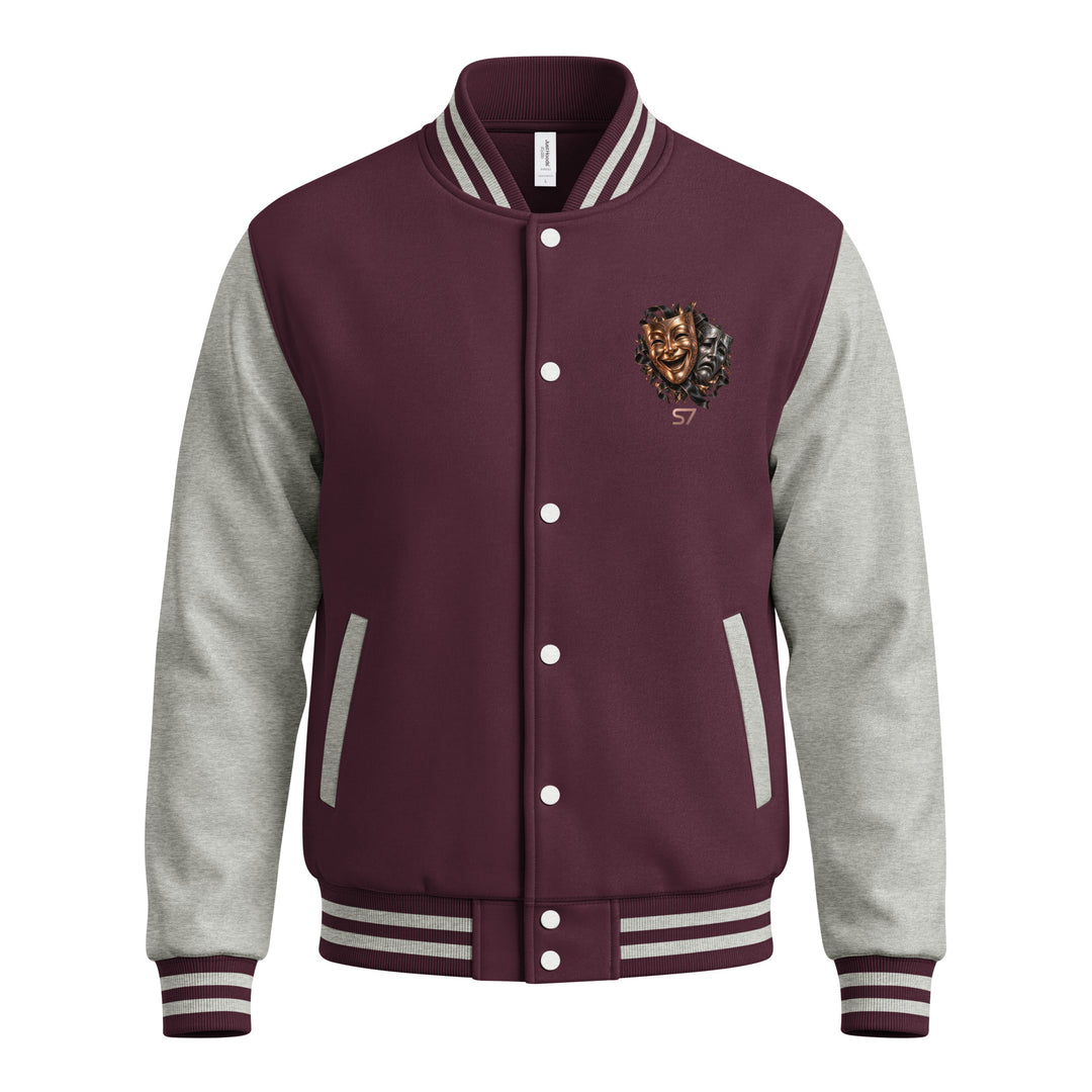 S7 “One Life, Two Views” Statement Varsity Jacket featuring a dual-mask crest and sleek maroon design.
